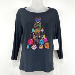 Lucia Burns Top Women's M Black NWT VTG Christmas Sequins‎ Beads Artsy Stretch
